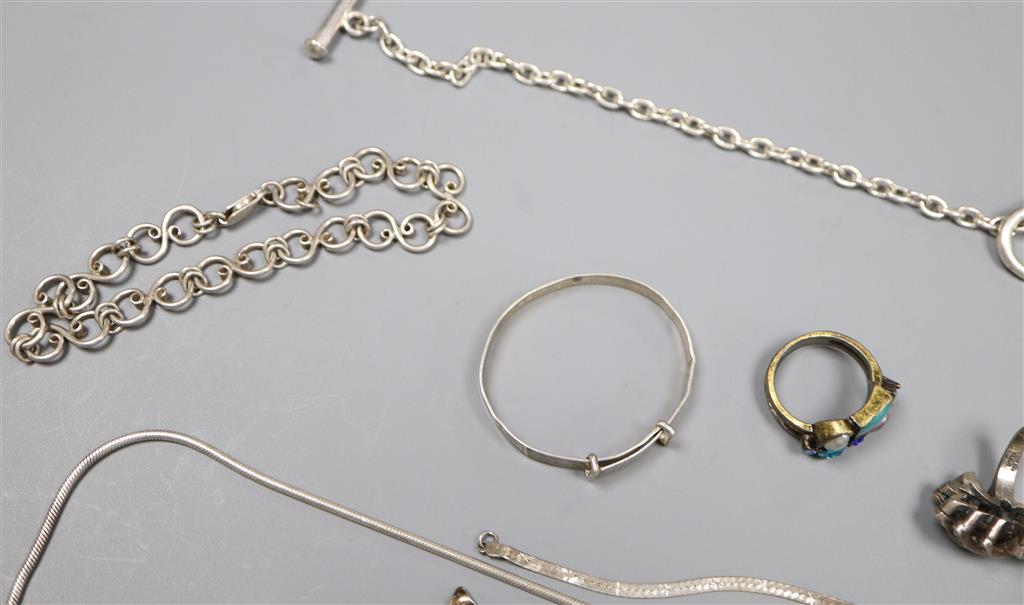 Mixed jewellery etc. including white metal bangles, owl bookmark, fob watch, bracelets etc.